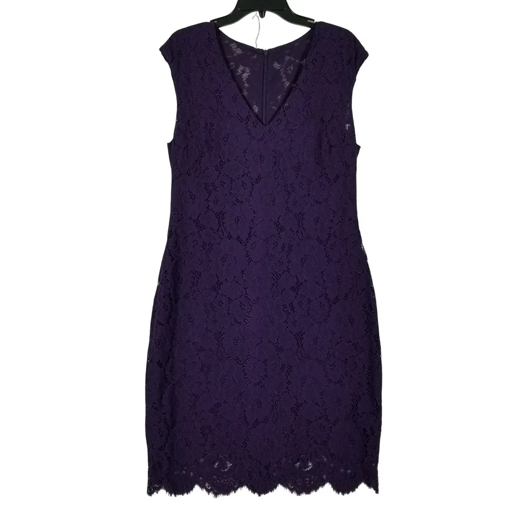 Lauren Ralph Lauren Sheath Dress Women 14 Purple Floral Lace V-Neck Scallop Hem